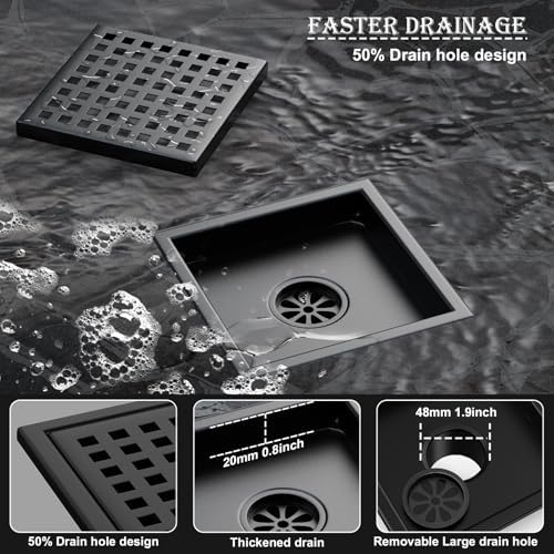 6 Inch Square Shower Drain with Flange Matte Black