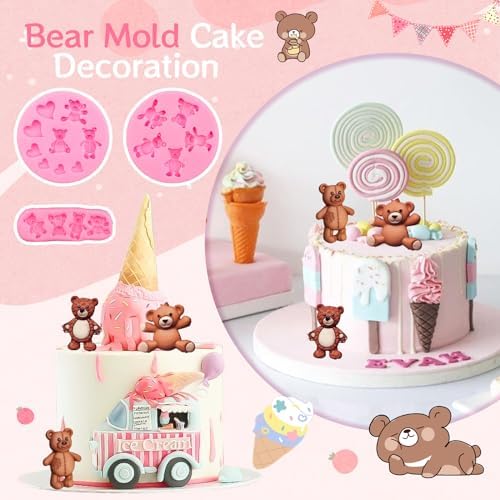 MEMOVAN 3pcs Bear Silicone Fondant Molds for Cake Decorations