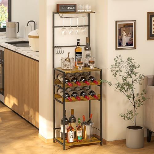 DAOUTIME 5-Tier Freestanding Wine Rack with Glasses Holder and 4 S Hooks