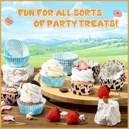Cunhill 300 Pcs Baking Cups with Cloud Blue and Cow Print Liners