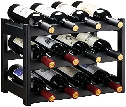 VASMIA Bamboo Wine Rack 3-Tier 12 Bottles Black 1