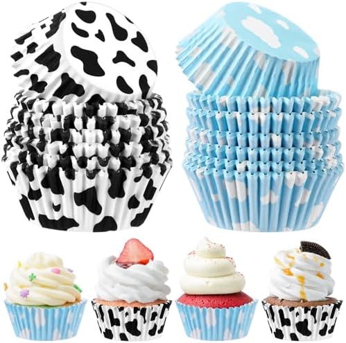 Cunhill 300 Pcs Baking Cups with Cloud Blue and Cow Print Liners