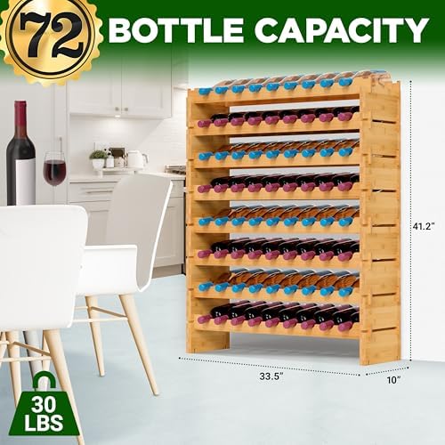 NutriChef Bamboo 8-Tier Wine Rack 72 Bottle Capacity Freestanding