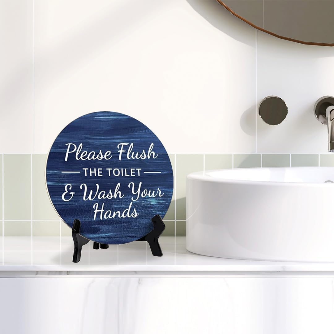 Round Please Flush Toilet Wash Hands Bathroom Sign