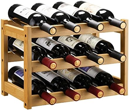 VASMIA Bamboo Wine Rack 3-Tier 12 Bottles Storage