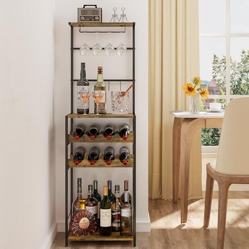 DAOUTIME 5-Tier Freestanding Wine Rack with Glasses Holder and 4 S Hooks