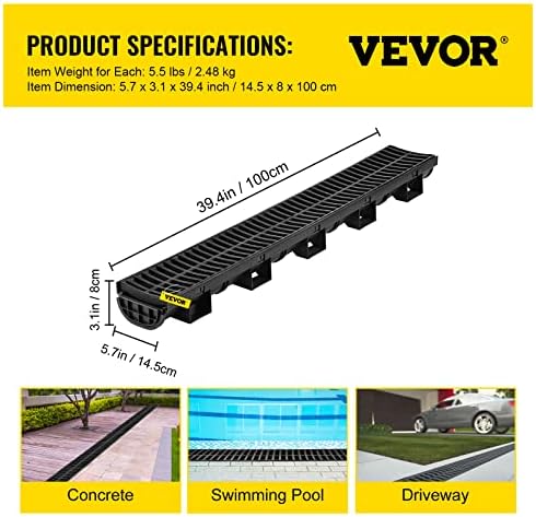 VEVOR Trench Drain System 4 Pack with HDPE Drain Trench and Plastic Grate