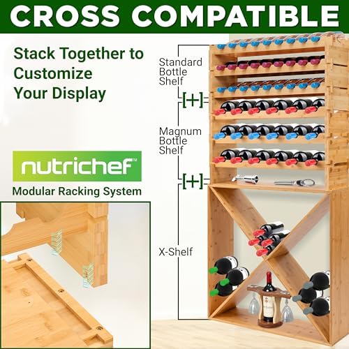 NutriChef Bamboo 8-Tier Wine Rack 72 Bottle Capacity Freestanding