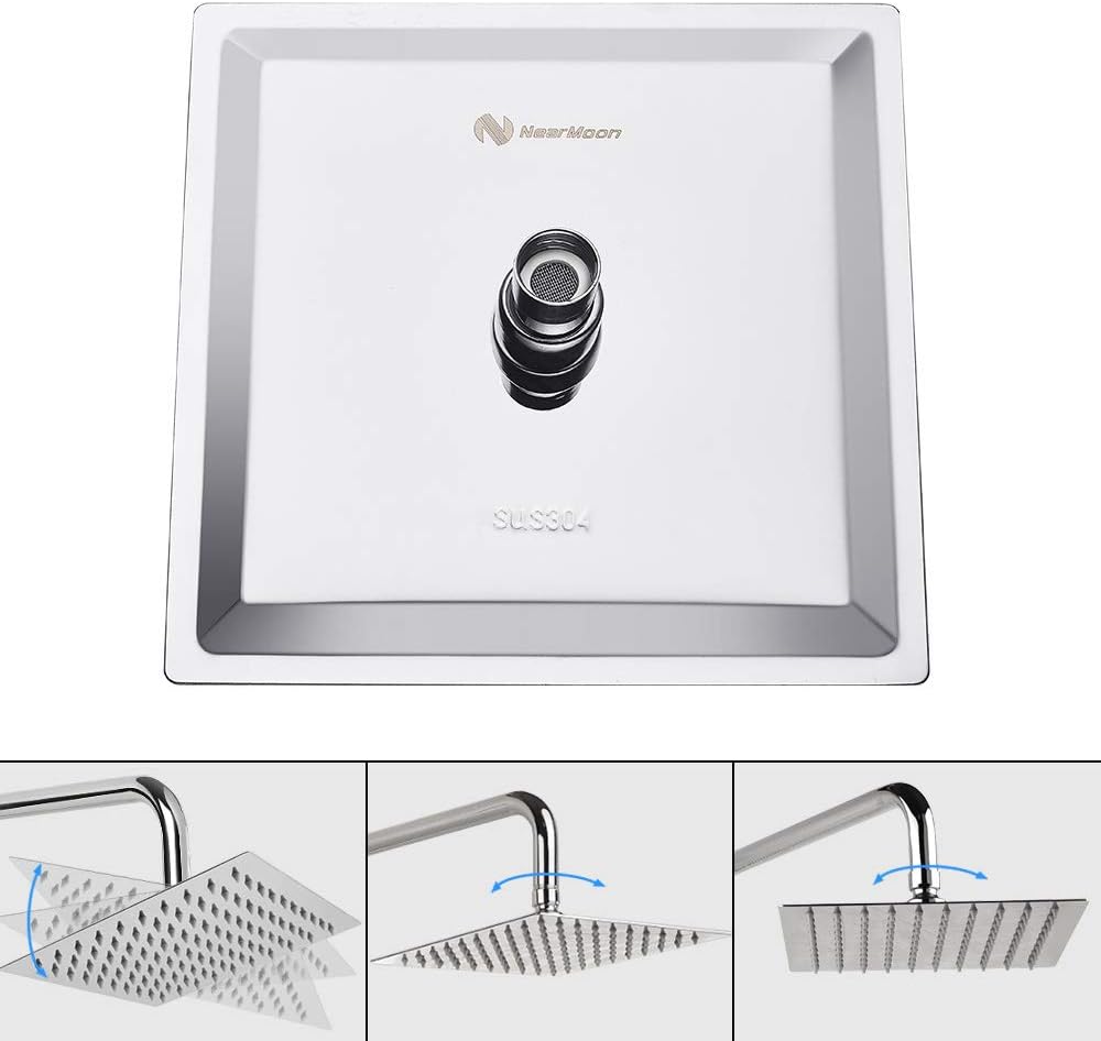 NearMoon 8 Inch Square Rain Shower Head - Chrome Finish High Pressure Easy Install