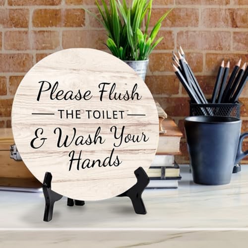 Round Please Flush Toilet Wash Hands Bathroom Sign