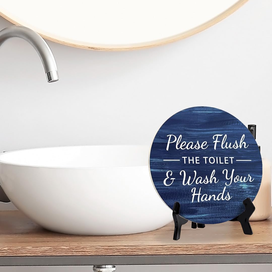 Round Please Flush Toilet Wash Hands Bathroom Sign