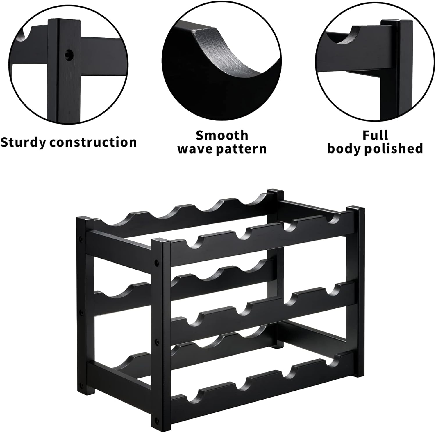 VASMIA Bamboo Wine Rack 3-Tier 12 Bottles Black 1