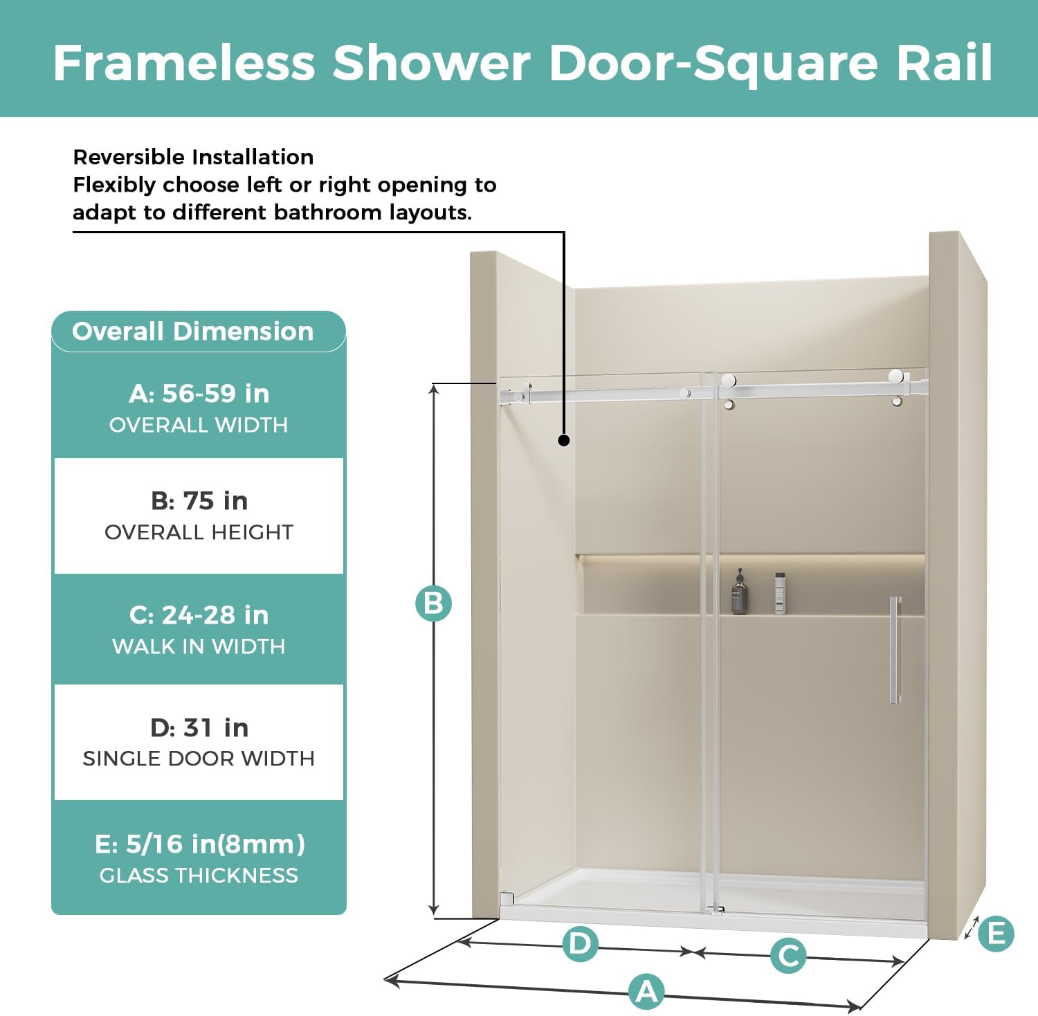 Frameless Glass Shower Door 56-60 x 75 Silver Stainless Steel