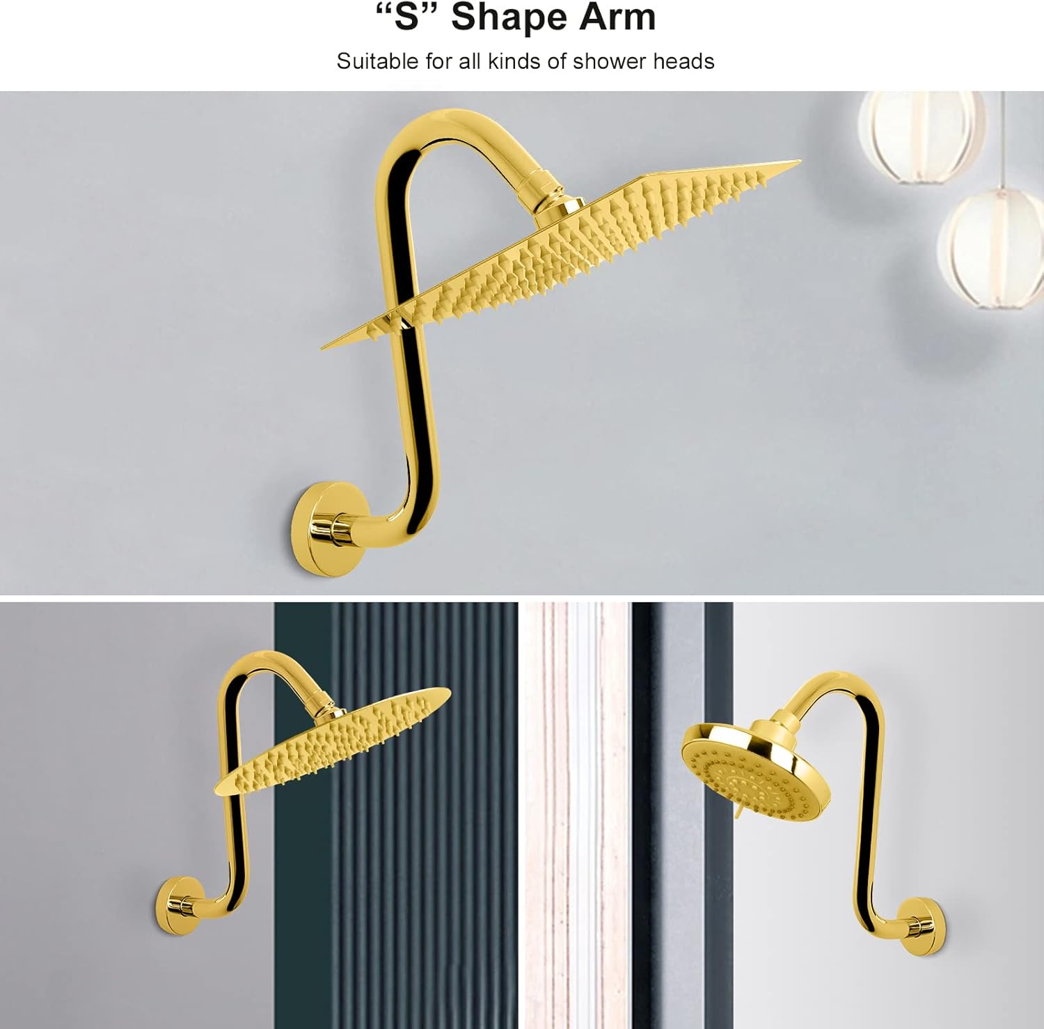 NearMoon S Shaped Shower Head Riser 12 Inch Chrome Gold