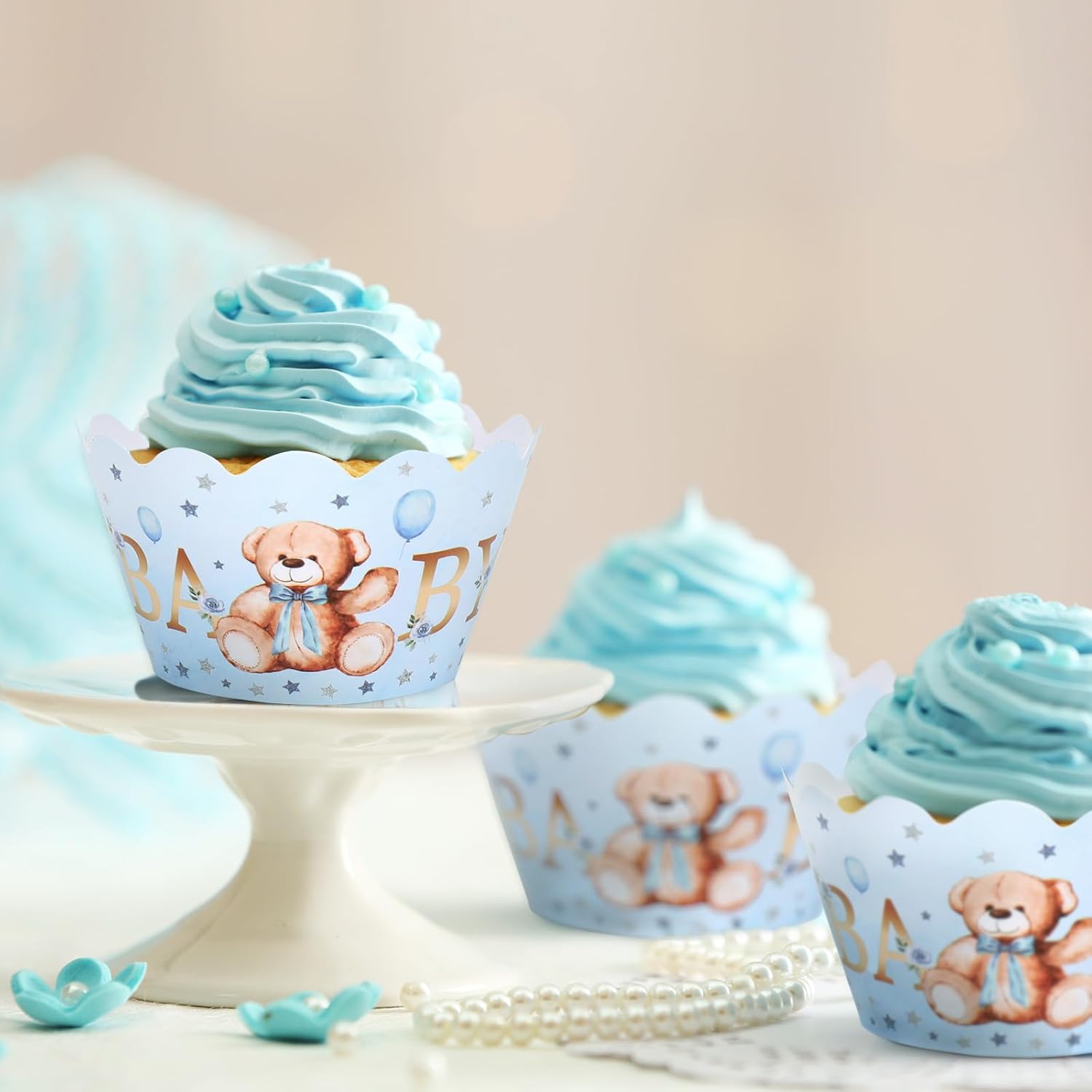 Whaline 36Pcs Blue Bear Cupcake Wrappers