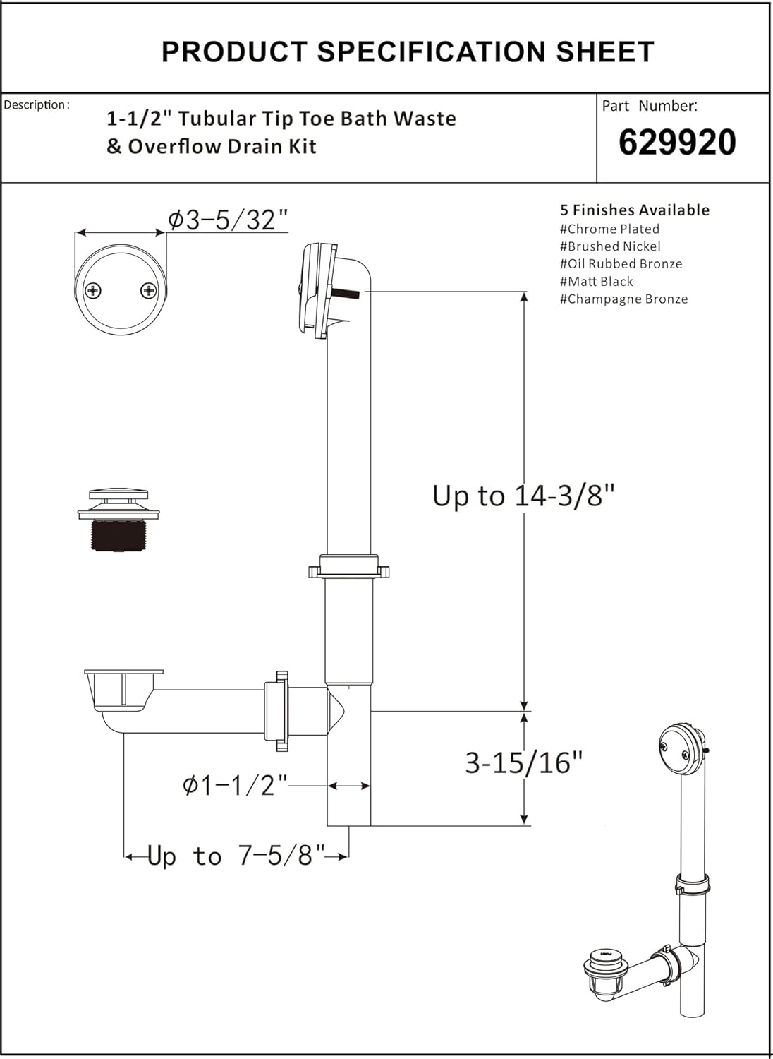 Artiwell 1-12 Black Tubular Bath Drain Kit