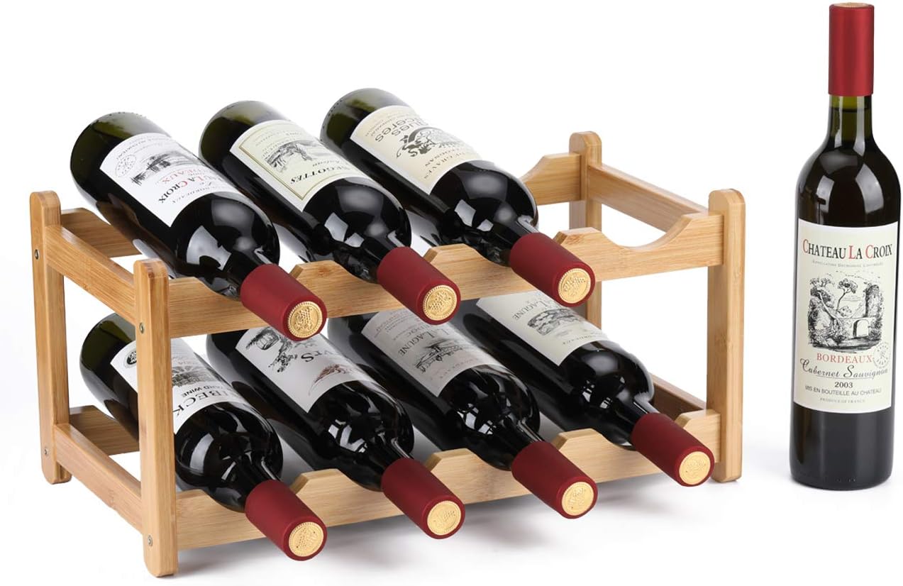 Homevany 8-Bottle Bamboo Wine Rack 2-Tier Space-Saving Entry