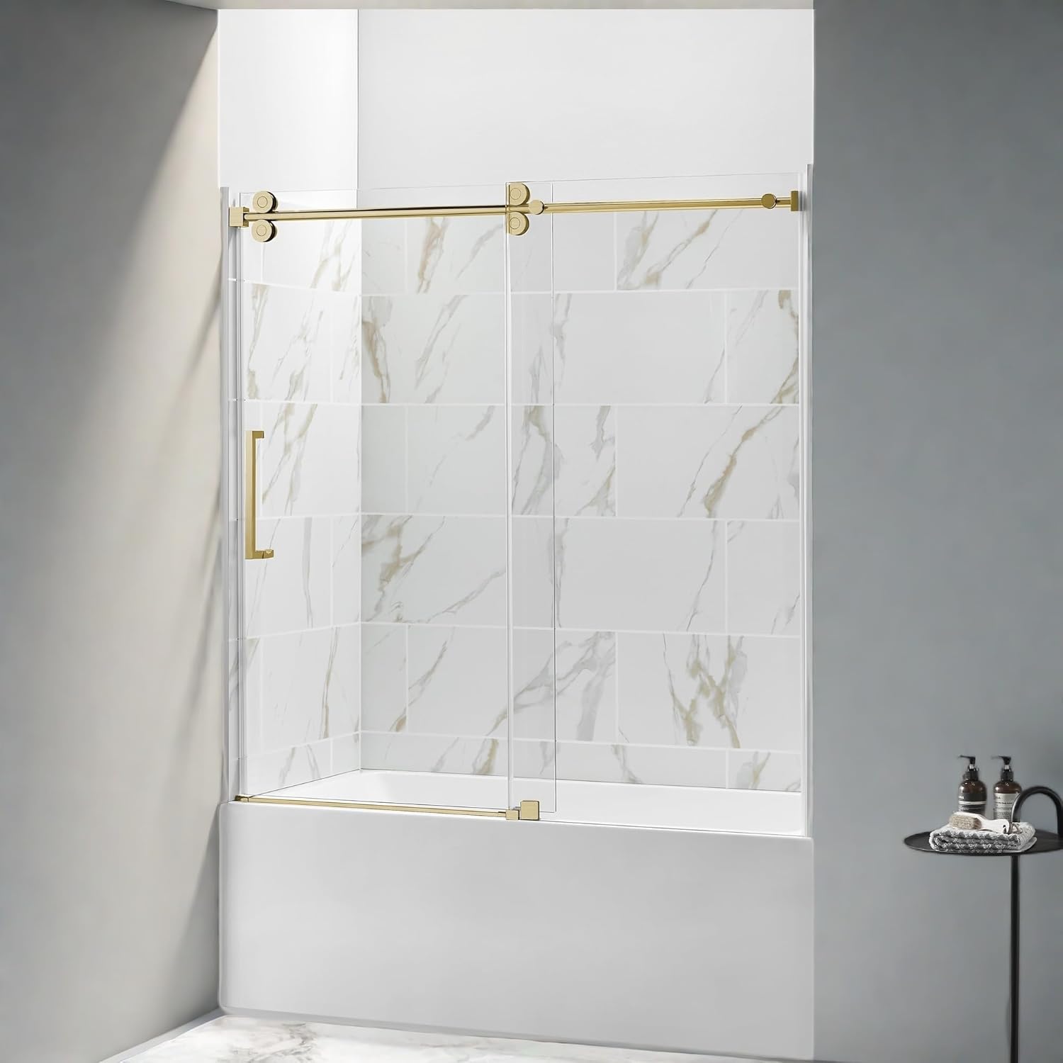 ChicFurnit 56-60 Frameless Shower Door with Gold Hardware 1