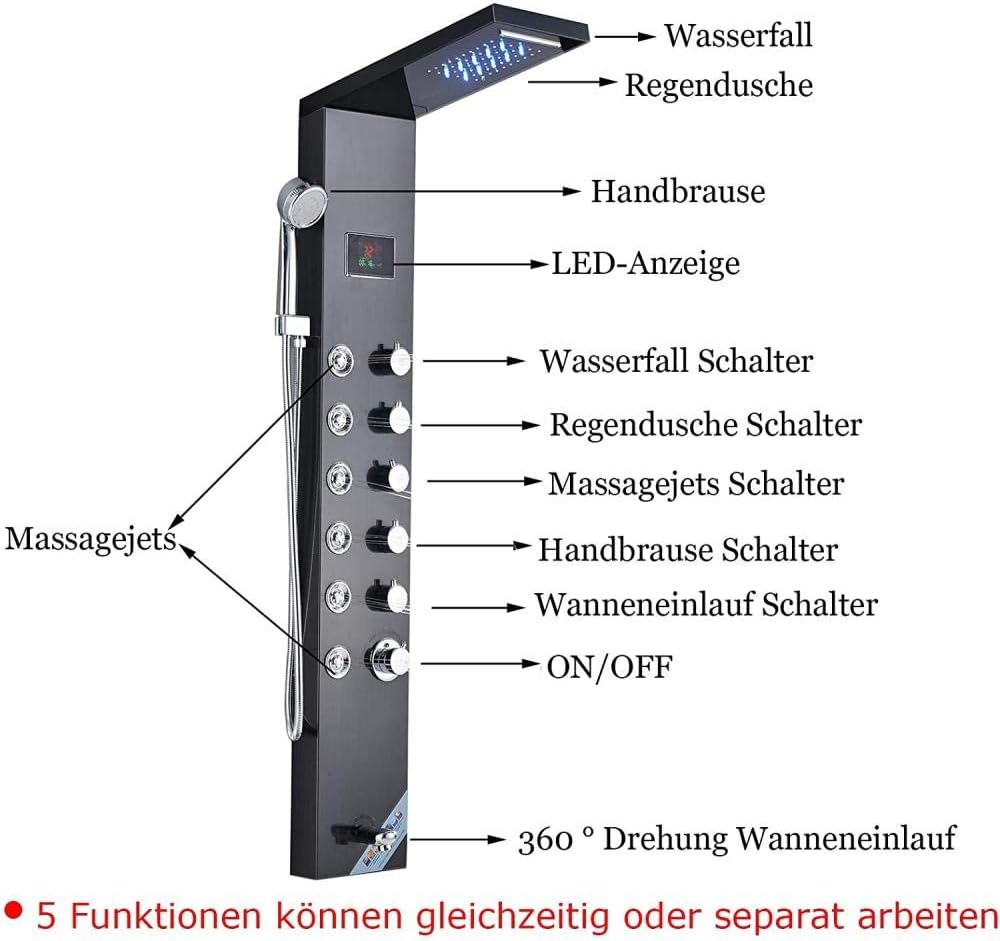 Gougeltd Stainless Steel Shower Panel with LED Massage and Fingerprint-Free Design