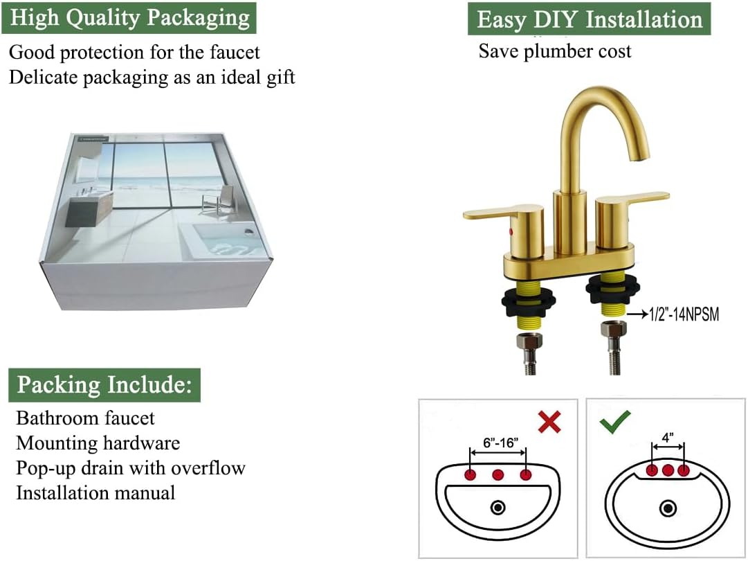 TimeArrow Brushed Gold 2 Handle Centerset Faucet with Drain 4 Inch High Arc