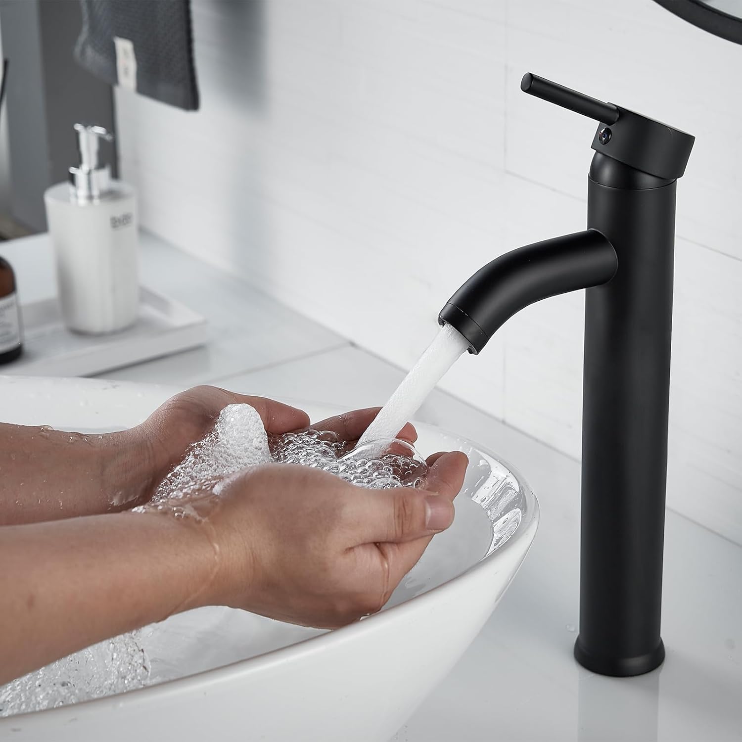 NICTIE Tall Matte Black Single Hole Bathroom Faucet with Pop-up Drain