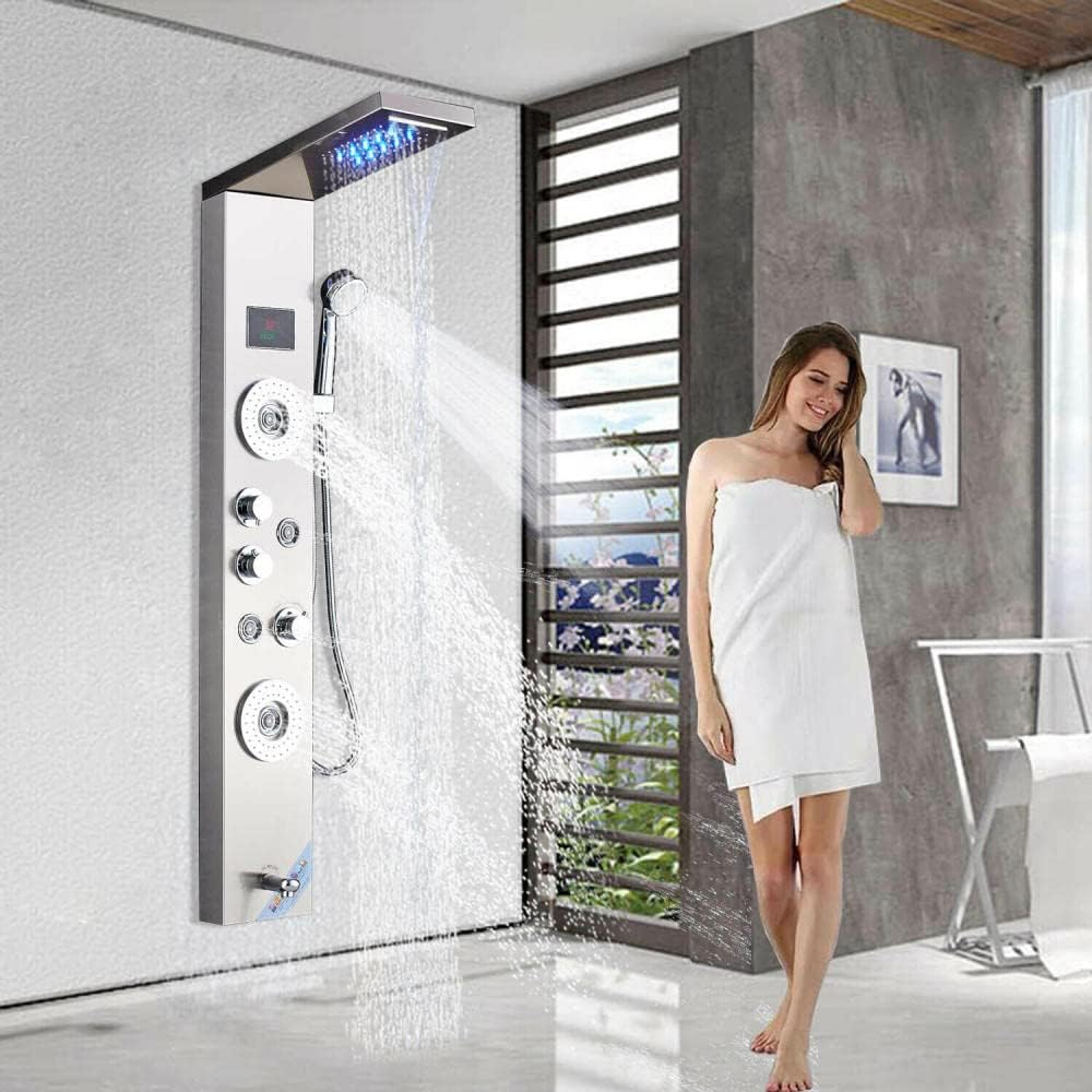 Gougeltd Stainless Steel Shower Panel Tower System with LED Water Temperature Display