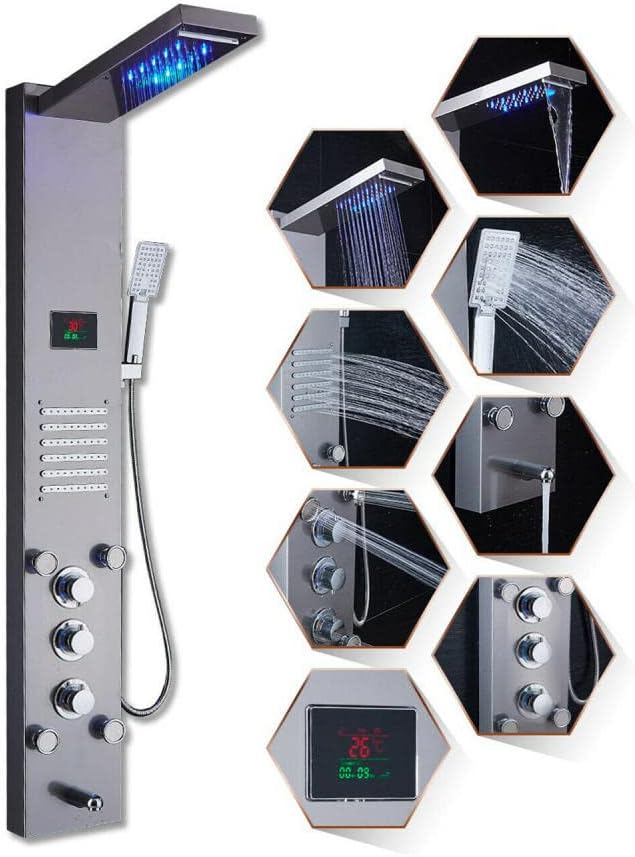 Gougeltd LED Light Shower Panel Tower Rainfall Head with Massager Jets
