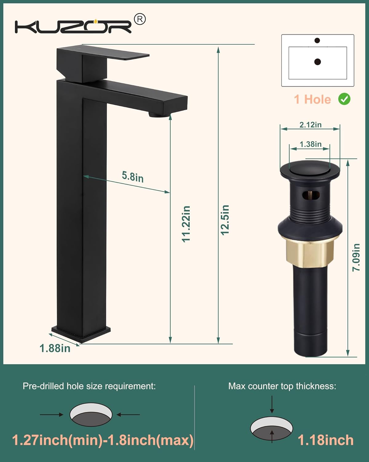 KUZOR Tall Vessel Sink Faucet Matte Black 1 Hole 125 Inch