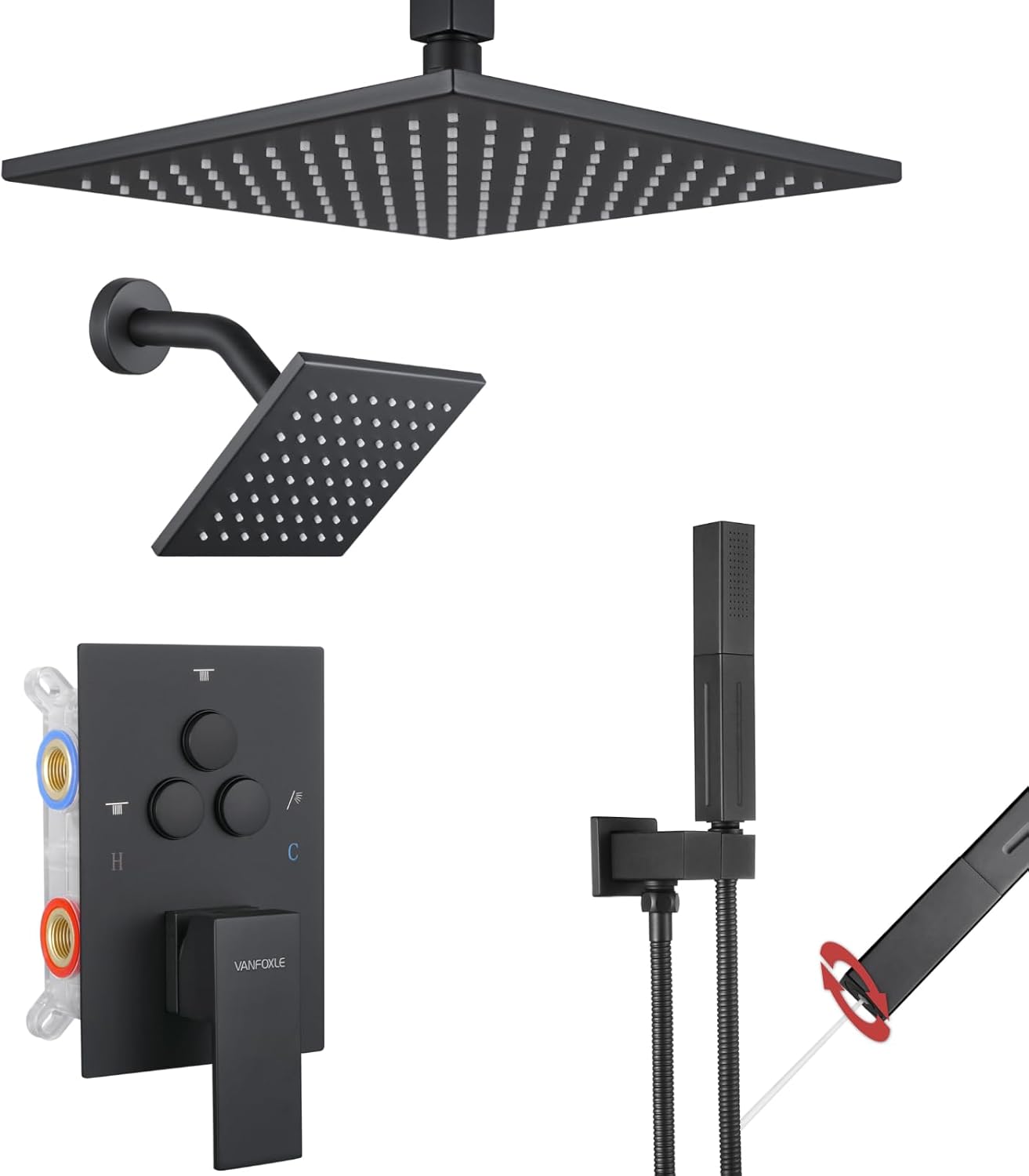 VANFOXLE Matte Black Push Button Shower Faucet Set 1