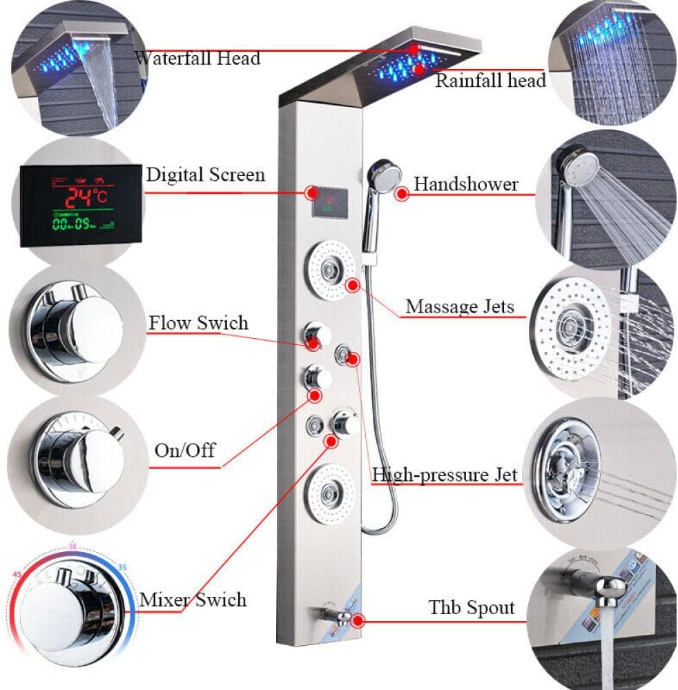Gougeltd Stainless Steel Shower Panel Tower System with LED Water Temperature Display