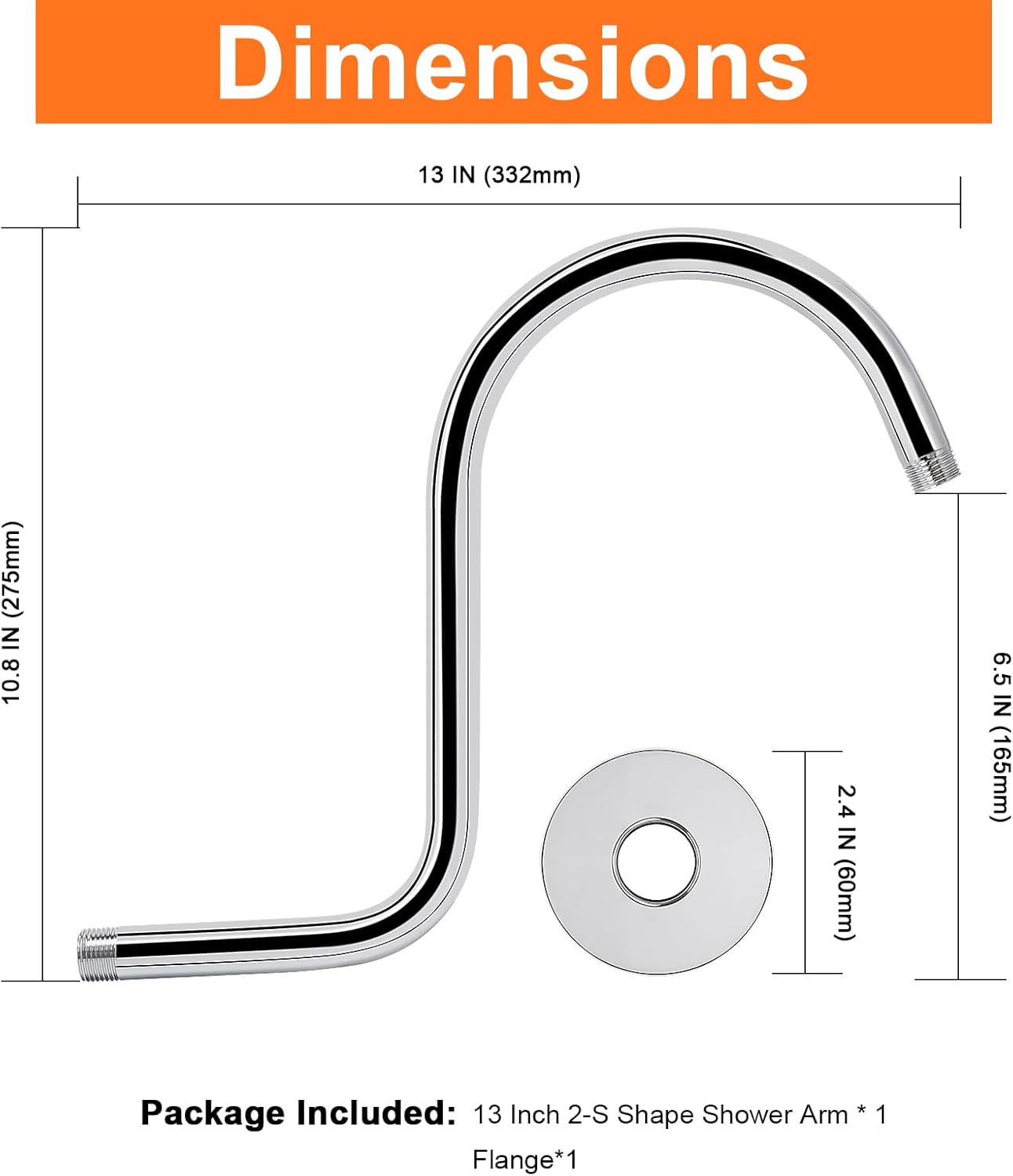 HarJue S Shaped Shower Arm 13 Inch Chrome Stainless Steel