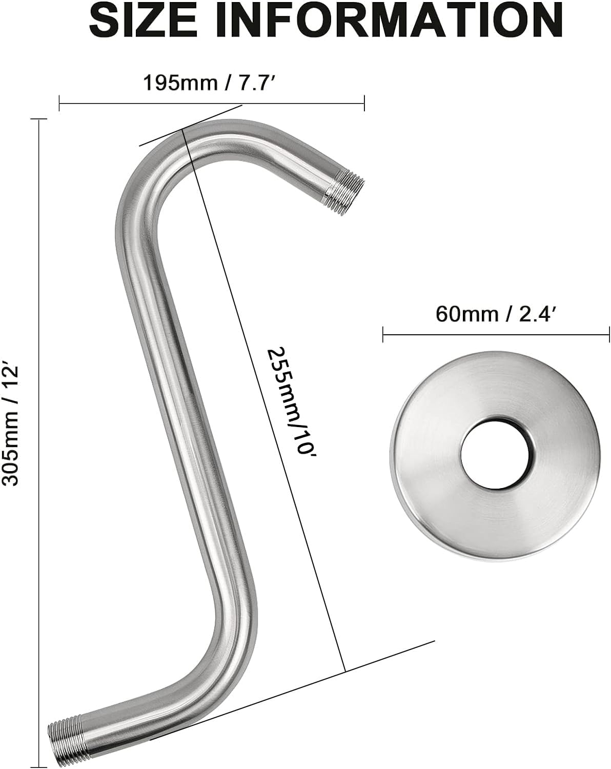 NearMoon S-Shaped Shower Head Riser 12 Inch Brushed Nickel 2 Pack