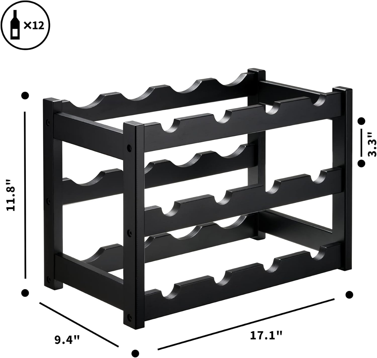 VASMIA Bamboo Wine Rack 3-Tier 12 Bottles Black 1