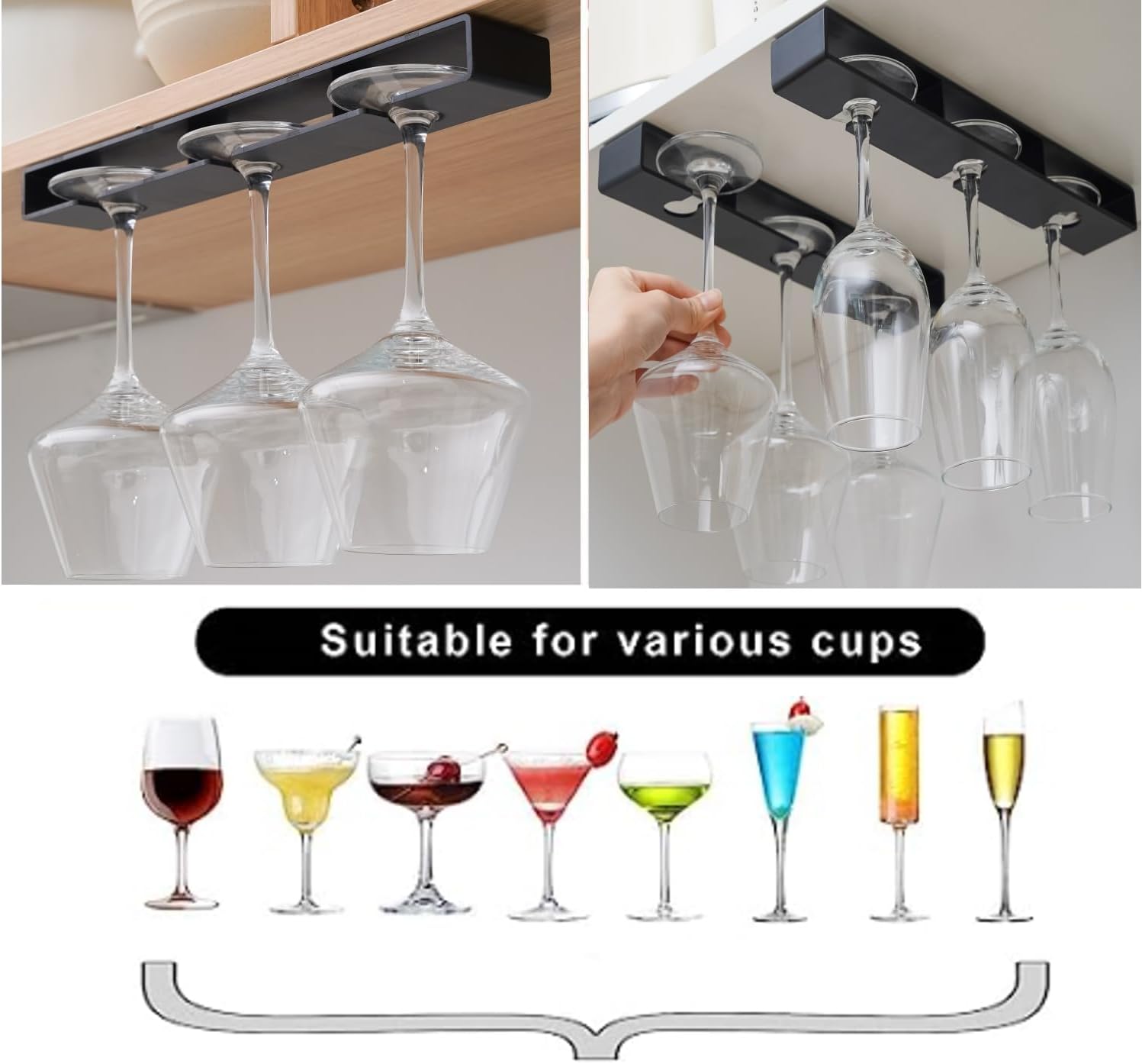 2Pack Wine Glass Holder Under Cabinet Stemware Rack Black