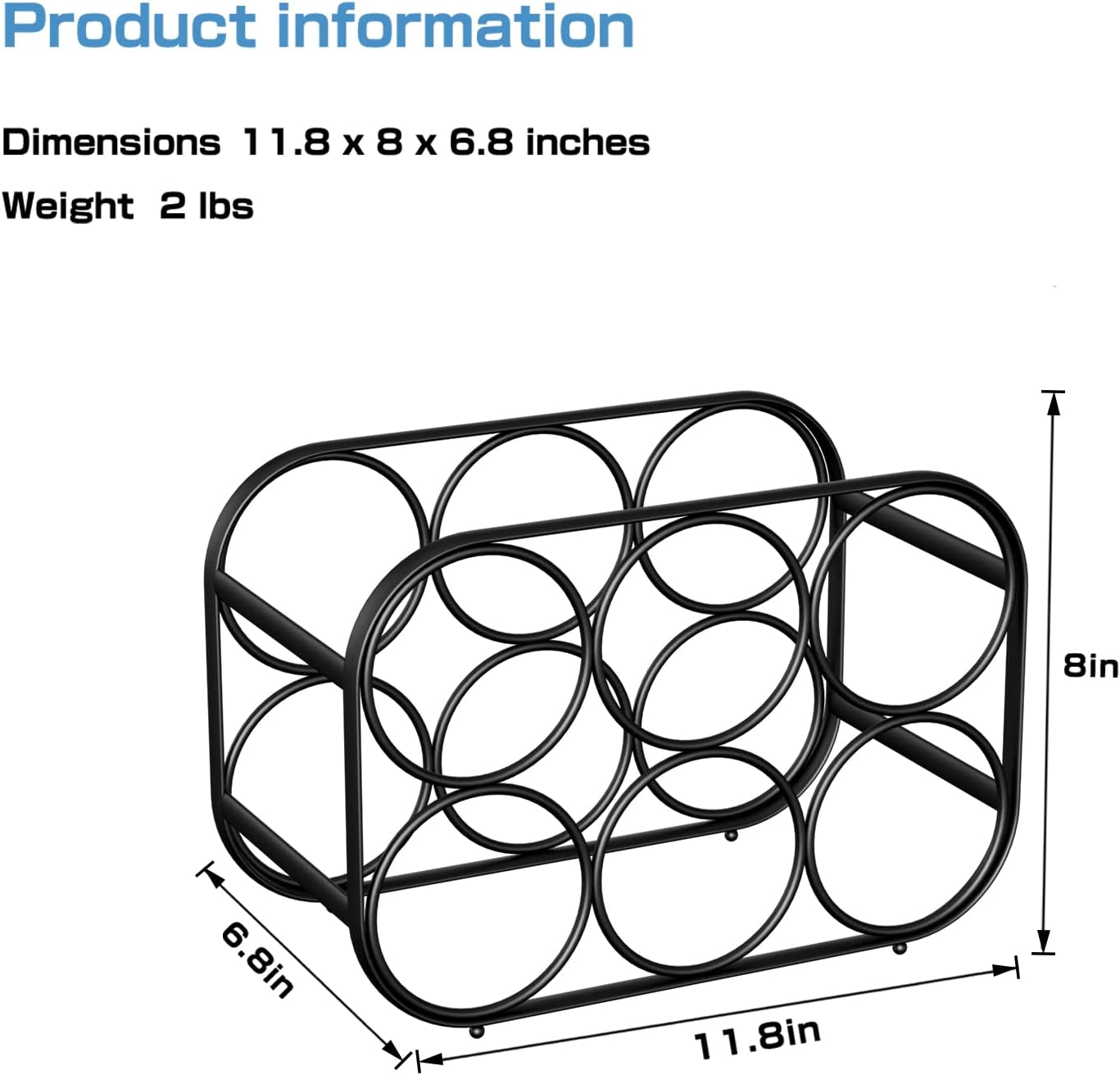 Buruis 6-Bottle Wine Rack Modern Black Metal Stand