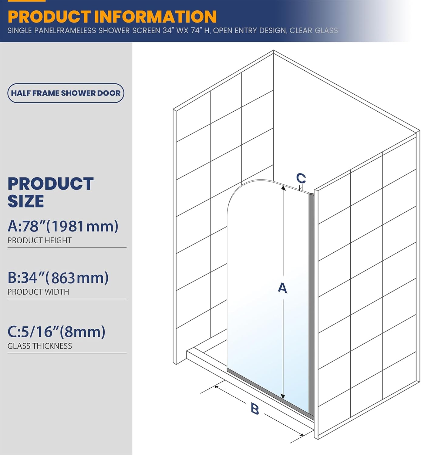 Glass Shower Door Screen 34x78 Silver 516 Clear Tempered