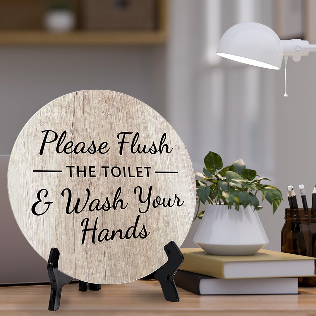 Round Please Flush Toilet Wash Hands Bathroom Sign