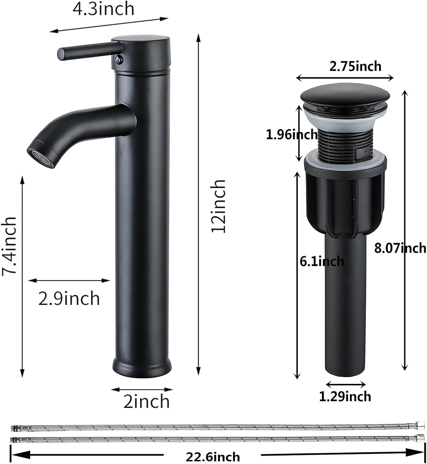 NICTIE Tall Matte Black Single Hole Bathroom Faucet with Pop-up Drain