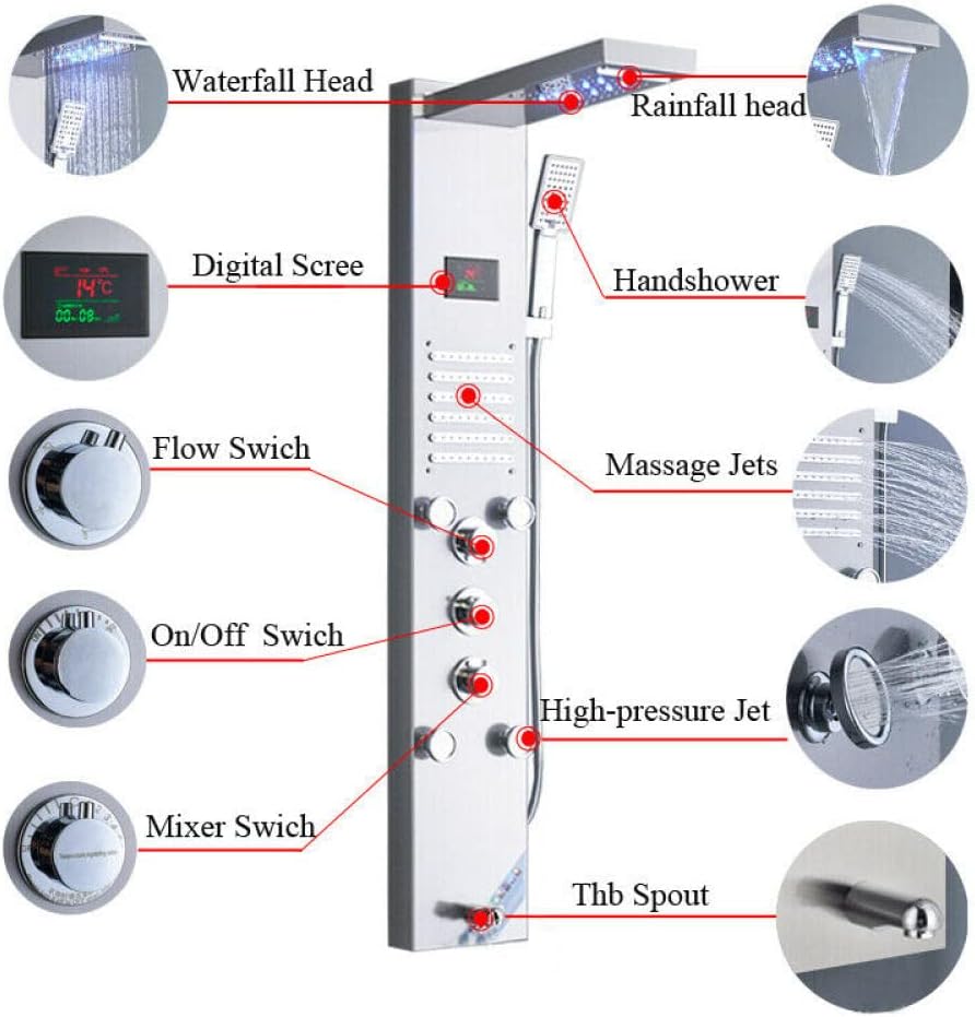 Gougeltd LED Light Shower Panel Tower Rainfall Head with Massager Jets
