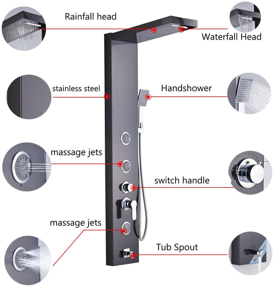 Gougeltd LED Light Shower Panel Tower Rainfall Head with Massager