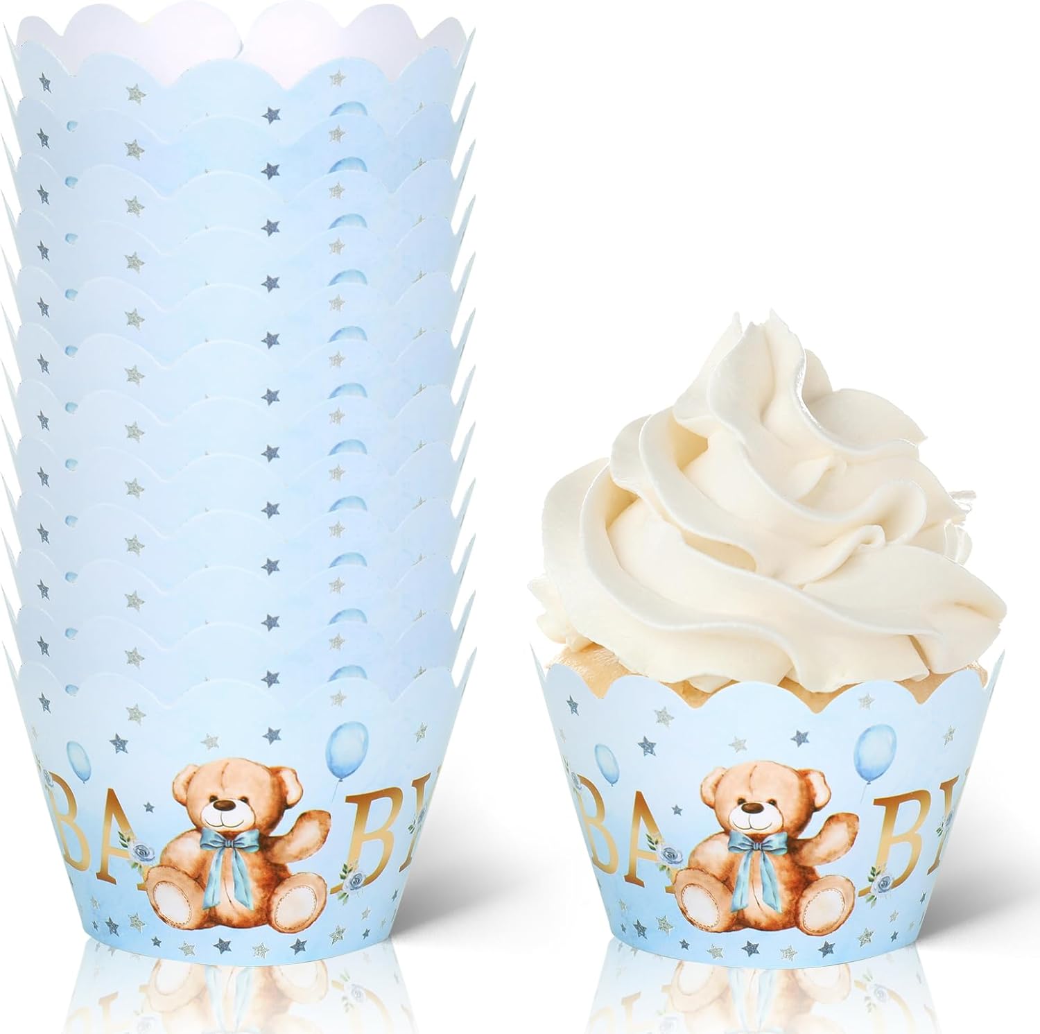 Whaline 36Pcs Blue Bear Cupcake Wrappers