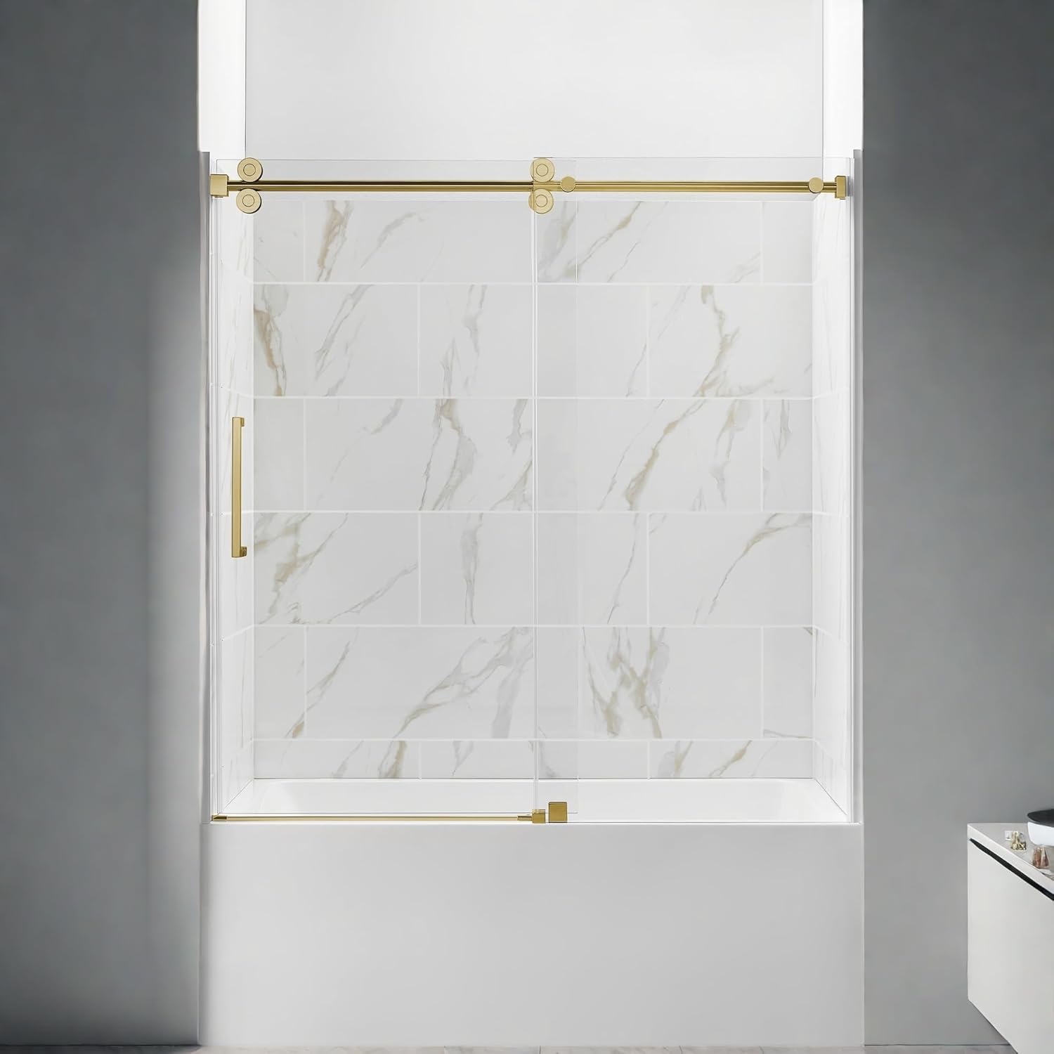 ChicFurnit 56-60 Frameless Shower Door with Gold Hardware 1