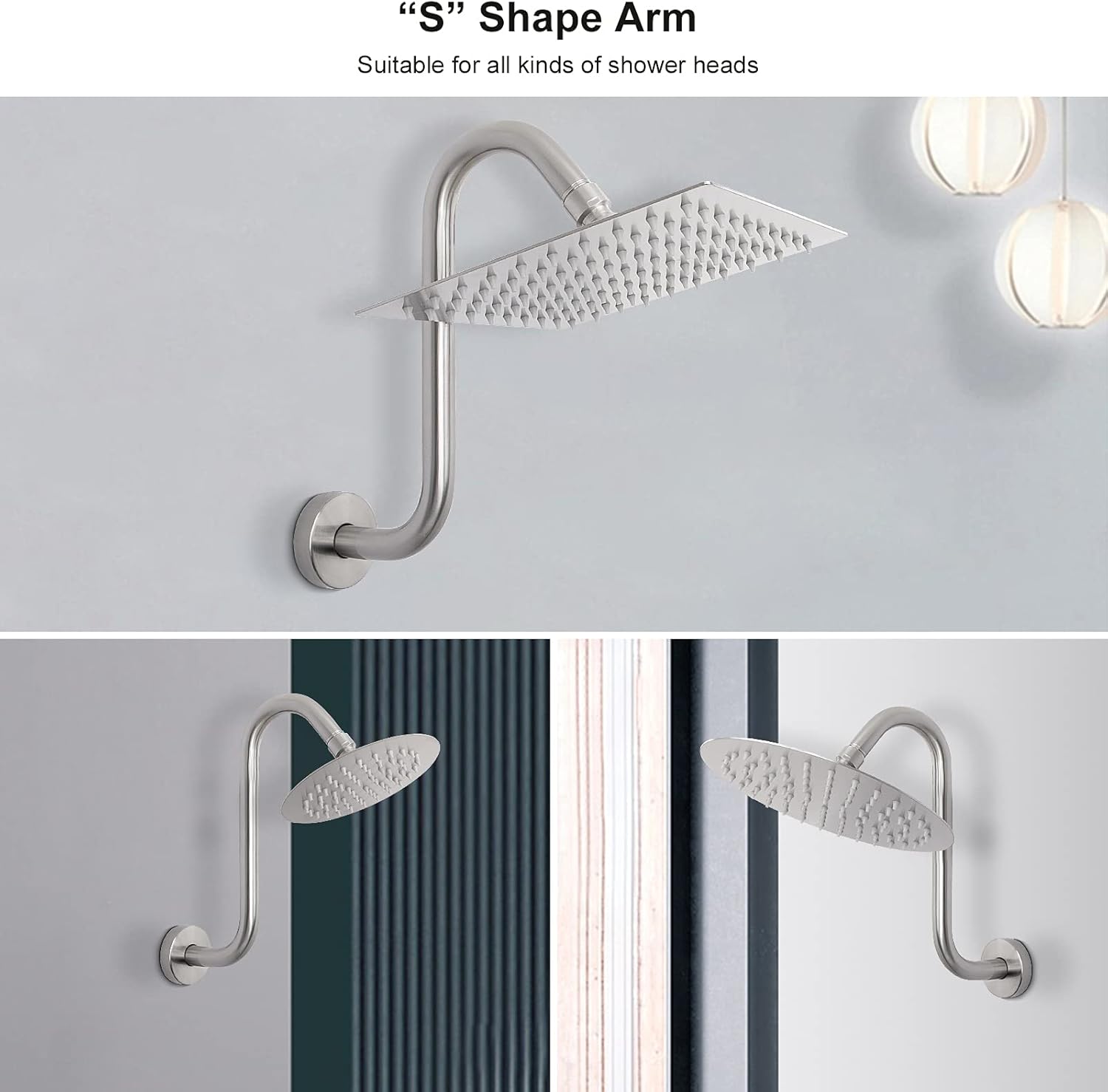 NearMoon S-Shaped Shower Head Riser 12 Inch Brushed Nickel 2 Pack