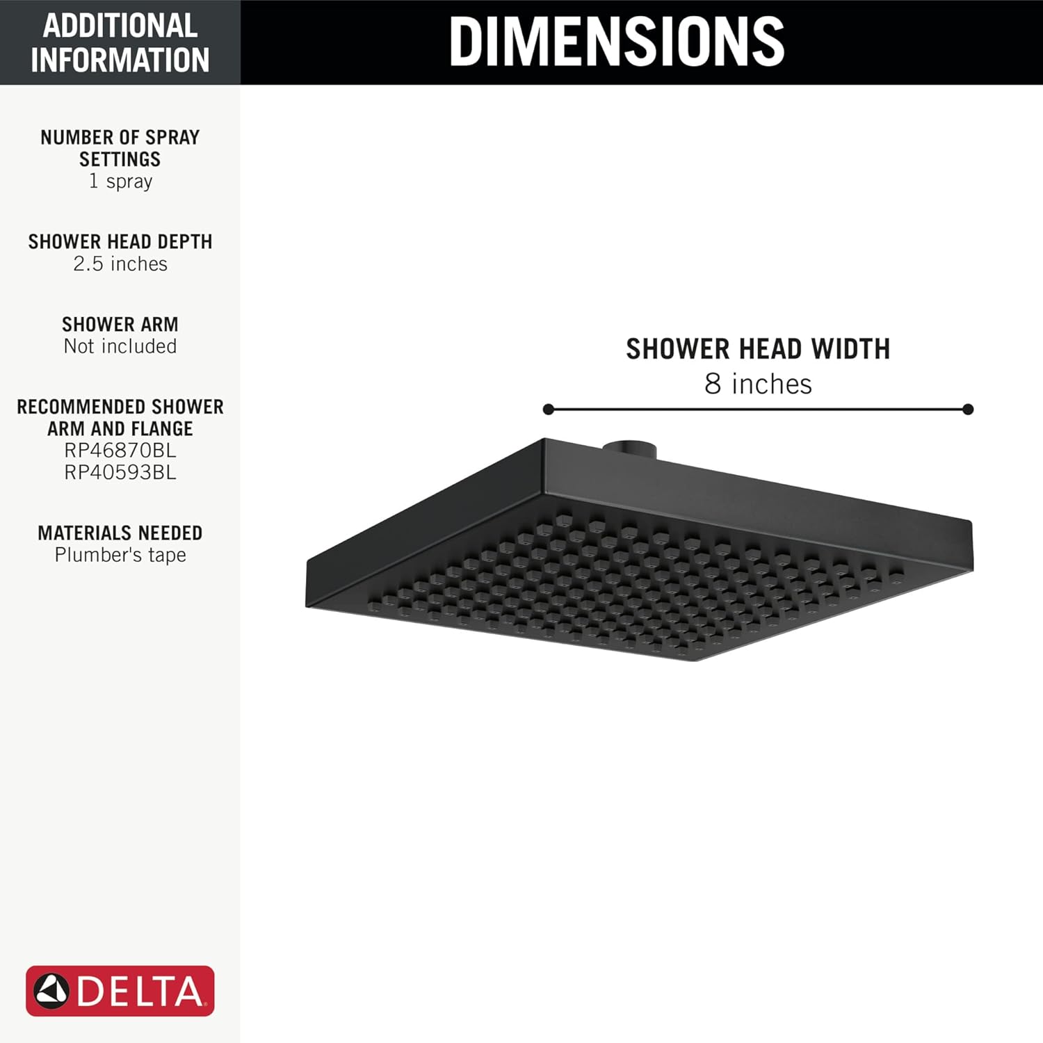 Delta Rain Shower Head Black Matte Square