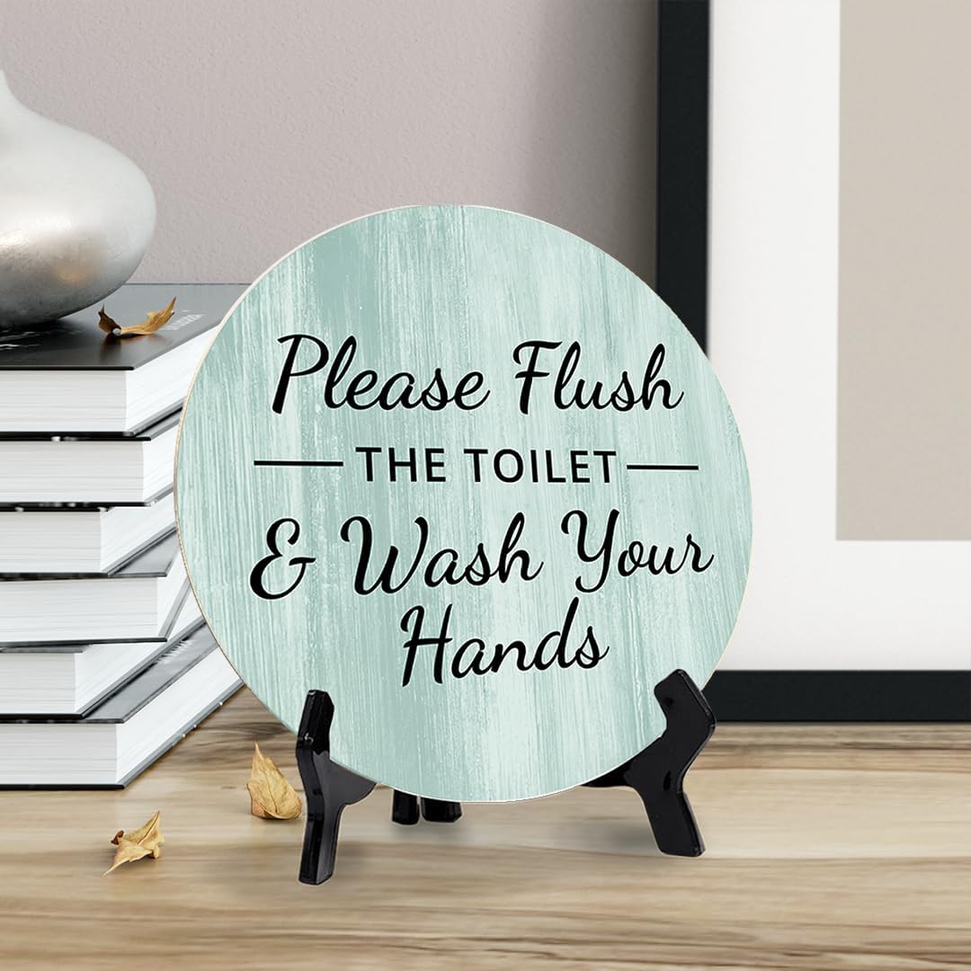Round Please Flush Toilet Wash Hands Bathroom Sign
