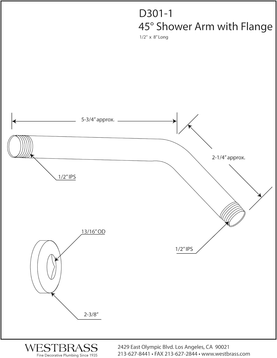 Westbrass D301-1-12 12 IPS x 8 Wall Mount Shower Arm