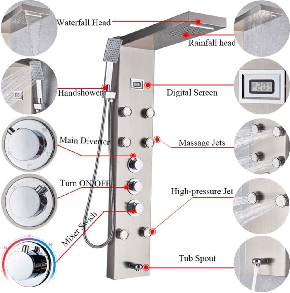 Gougeltd Thermostatic Waterfall Shower Head with Handheld Massage Jets