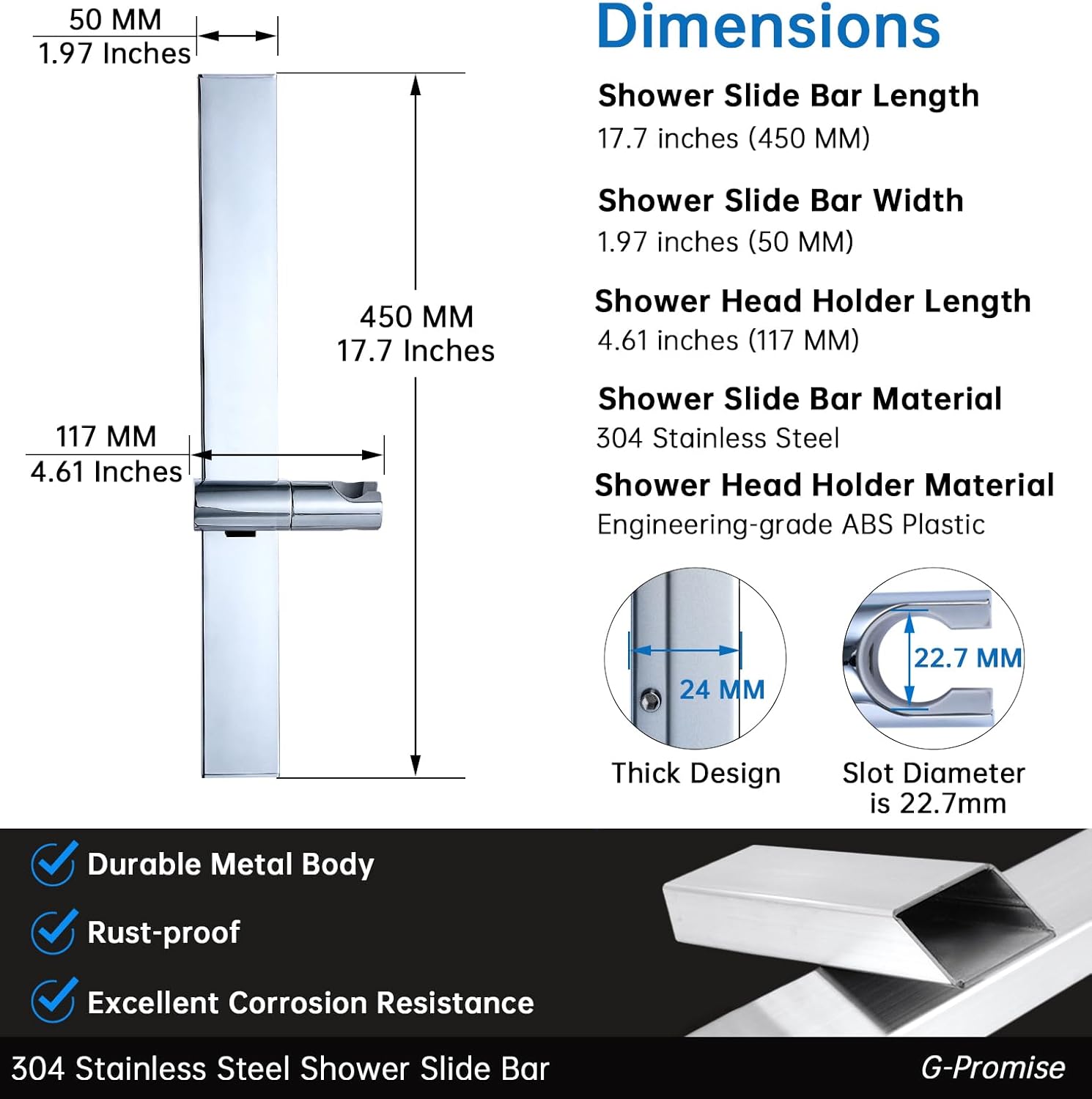 G-Promise Adjustable Shower Slide Bar with Strong Adhesive Chrome Mount