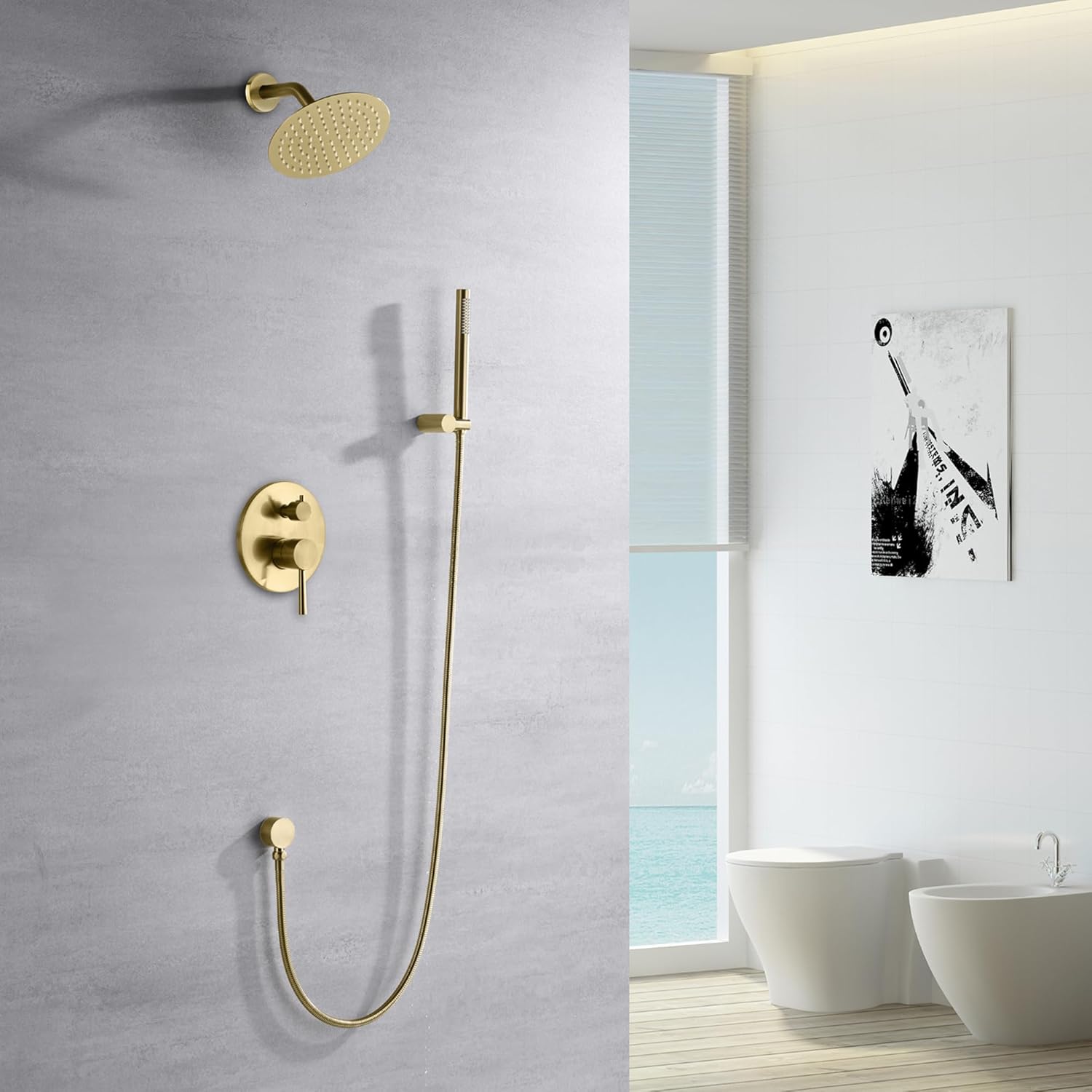 Sumerain Brushed Gold Shower System with Rain Head and Hand Shower