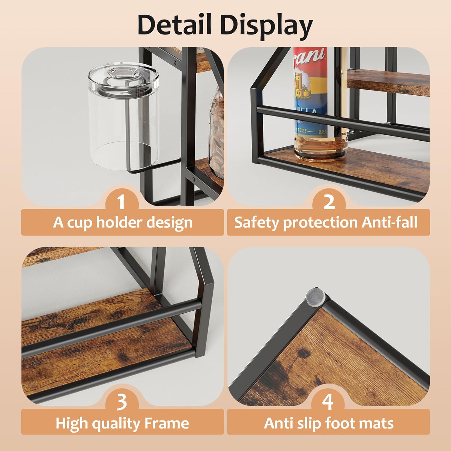Vantimo Coffee Syrup Rack Organizer 3 Tier Rustic Brown 1